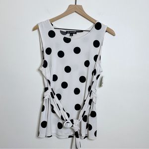 INC White Black Polka Dot Sleeveless Front Tie Blouse Top - Petite Large